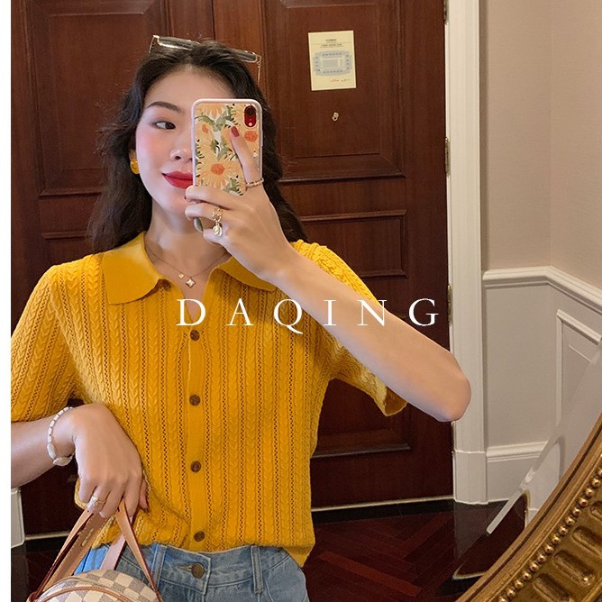 Áo dệt kim tay ngắn màu sắc đơn giản phong cách retro thời trang dành cho nữ