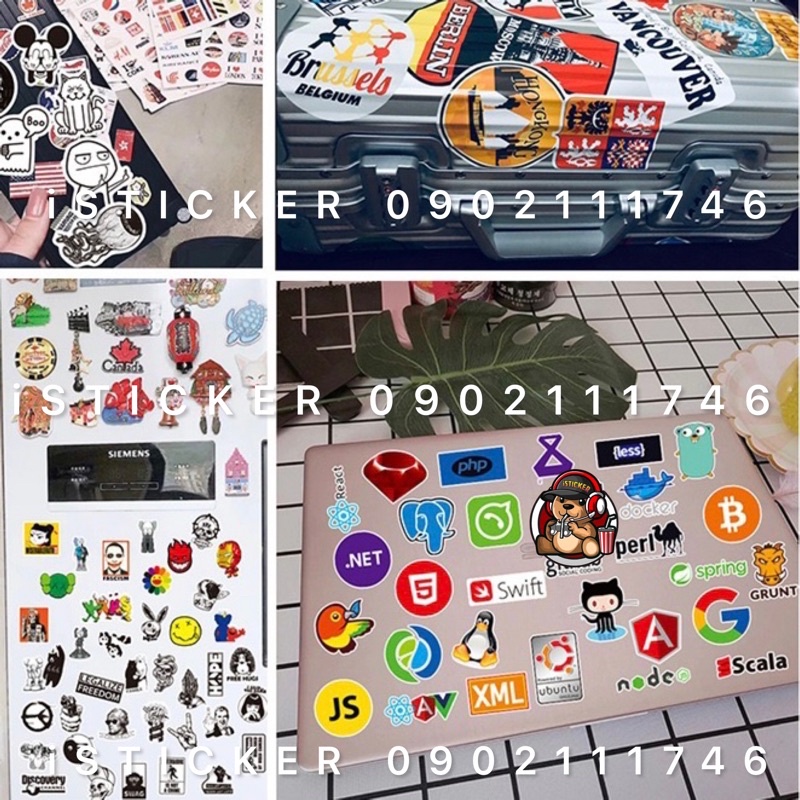 Sticker dễ thương chủ đề: trắng đen, bitcoin, mèo, gấu wbb, vsco, simpson, vans, drew..dán mũ bảo hiểm, vali, laptop