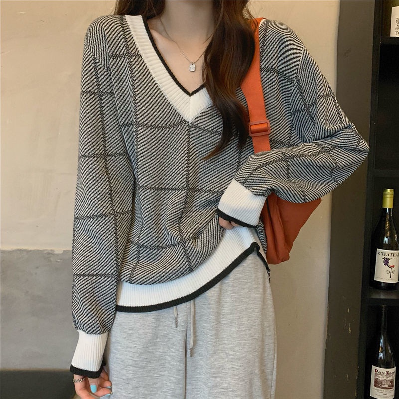 Áo Sweater Dệt Kim Tay Dài Cổ Chữ V Thiết Kế Mới Năng Động Thời Trang
