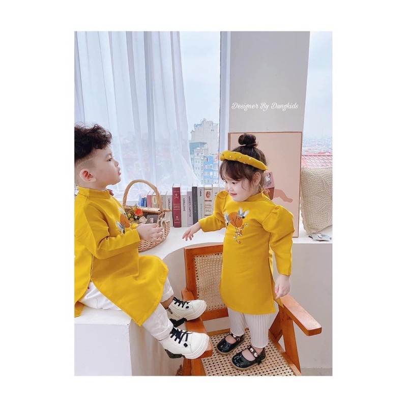 BÁN SỈ ÁO DÀI GẤM VÀNG THÊU HẠC CHO BÉ