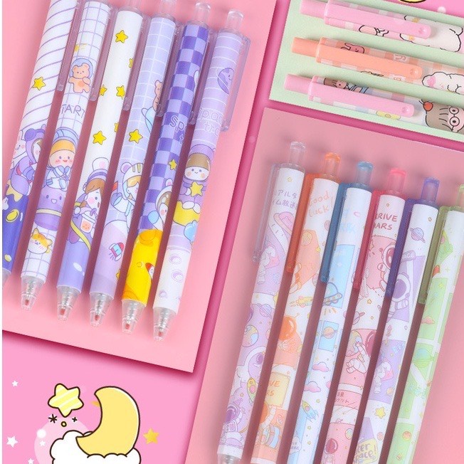 Bút bi mực gel màu đen ngòi 0.5mm nét mịn đều mực thân in hình hoạt hình nhiều mẫu đa dạng