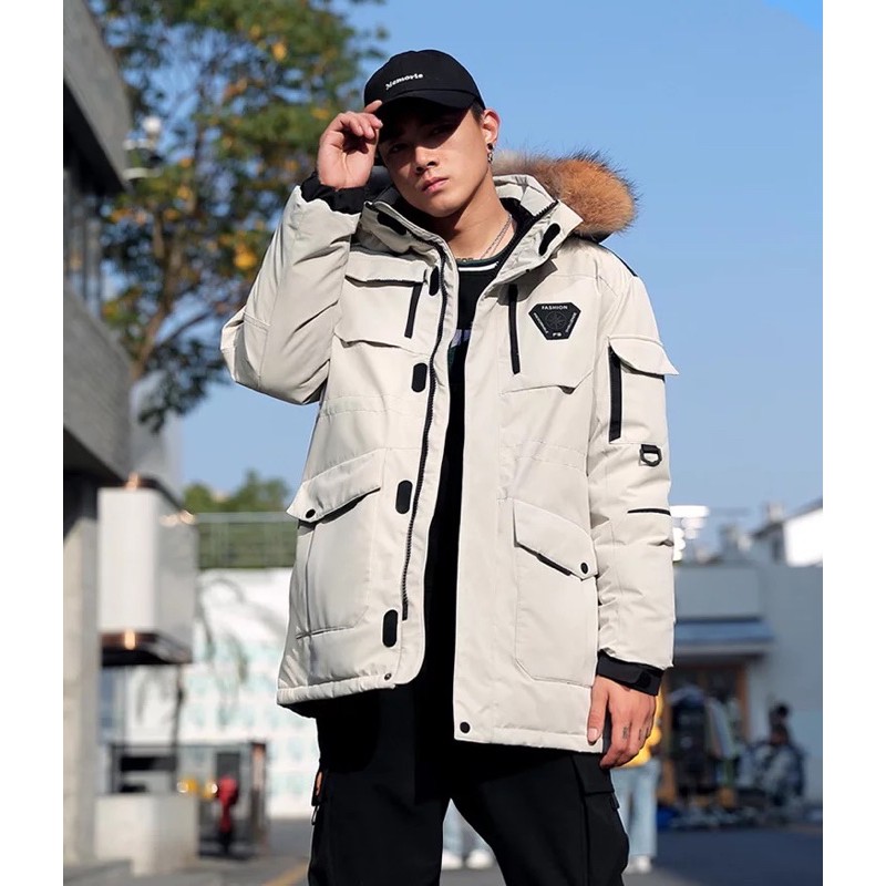 ÁO PARKA NAM MÙA ĐÔNG CHẤT PHAO KAKI KHÔNG THẤM NƯỚC CÓ THỂ MẶC ĐÔI DÁNG UNISEX CÓ MŨ THÁO RỜI