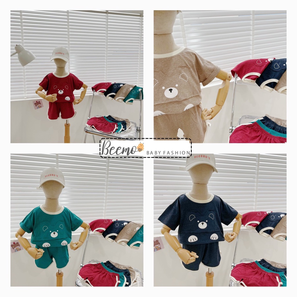 Bộ cotton unisex cho bé, bộ thun mềm mát hoạ tiết gấu xinh xắni