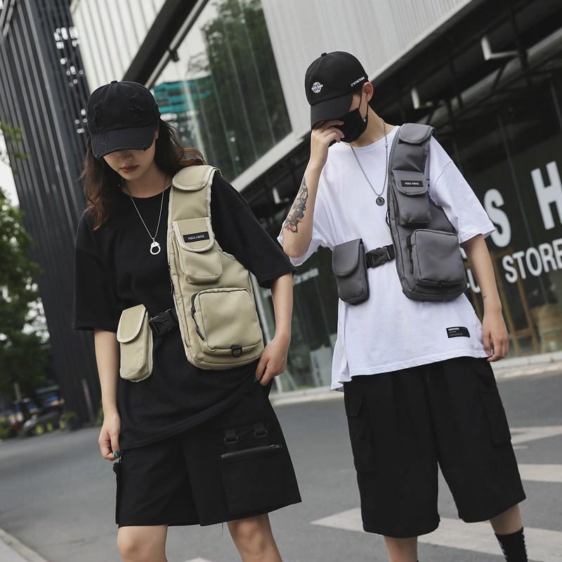 Túi Đeo Trước Ngực Bằng Nylon Màu Đen Phong Cách Hip Hop Đường Phố Cho Nam