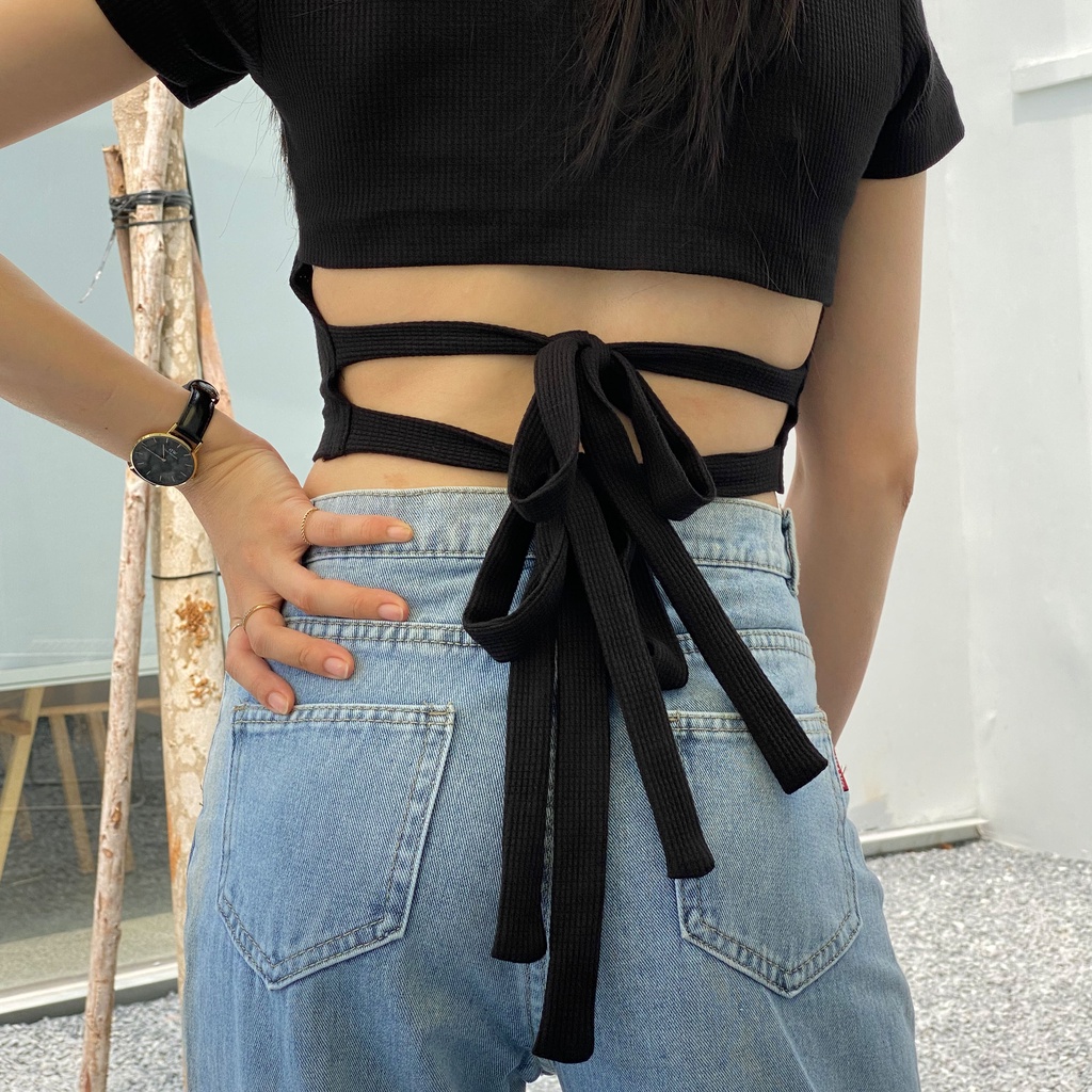 Áo croptop nữ tay ngắn ôm body Đen Clothing hở lưng thắt nơ thun co giãn AT01