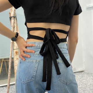 Áo croptop nữ tay ngắn ôm body Đen Clothing hở lưng thắt nơ thun co giãn AT01