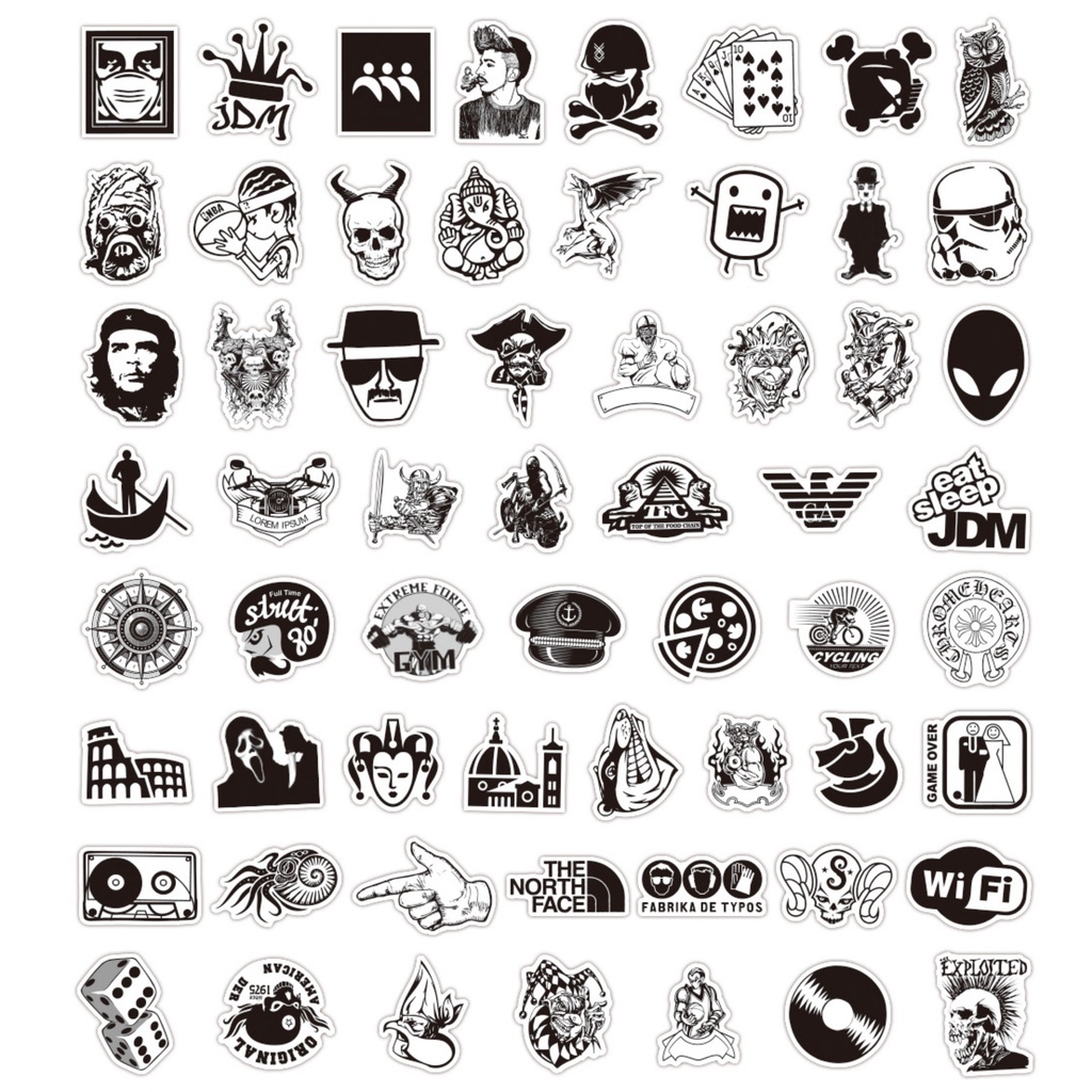 50 sticker TRẮNG ĐEN 3 trang trí Vali, Laptop, Mũ Bảo Hiểm, Xe Máy, Xe Đạp, Đàn 097