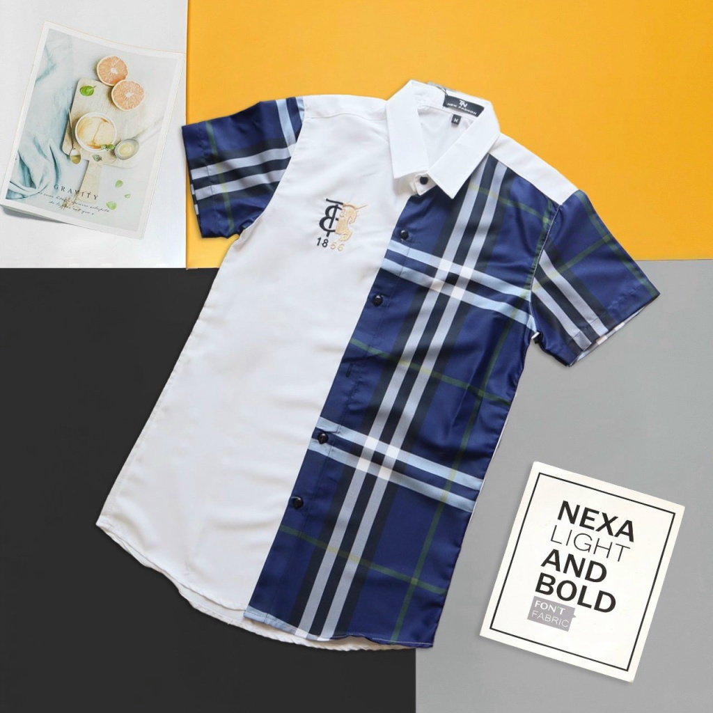 Áo Sơ Mi Nam Tay Ngắn Phối Nửa Sọc Caro 4 màu Logo Thêu Nổi Vải Lụa Ép Nhiệt 3D Phong Cách Thời Trang Mới [NEW UNISEX]