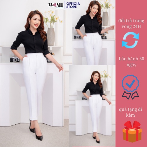 Quần vải Baggy nữ màu trắng cạp cao, quần tây nữ công sở ống côn WAMI
