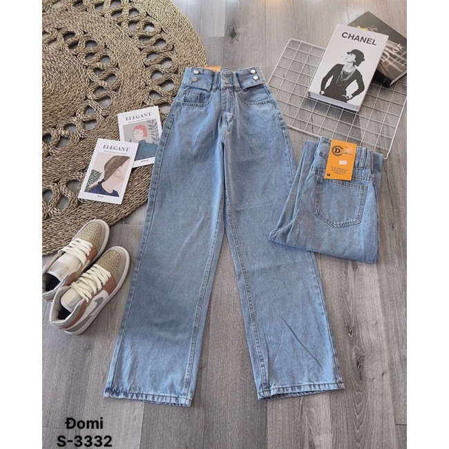 Quần jeans suông - quần bò ống rộng nữ Lê Huy Fashion cạp cao 6 nút cách điệu lưng MS 3332