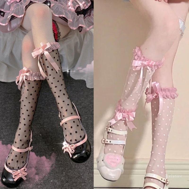 XIXI Tất Lưới Mỏng Cao Qua Gối Phối Nơ Họa Tiết Chấm Bi Phong Cách Lolita Nhật Bản Cho Nữ