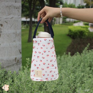 Túi vải đựng bình nước họa tiết hoa xanh hồng/ Túi vải bảo vệ môi trường/ Túi vải đựng bình giữ nhiệt/ ly giữ nhiệt