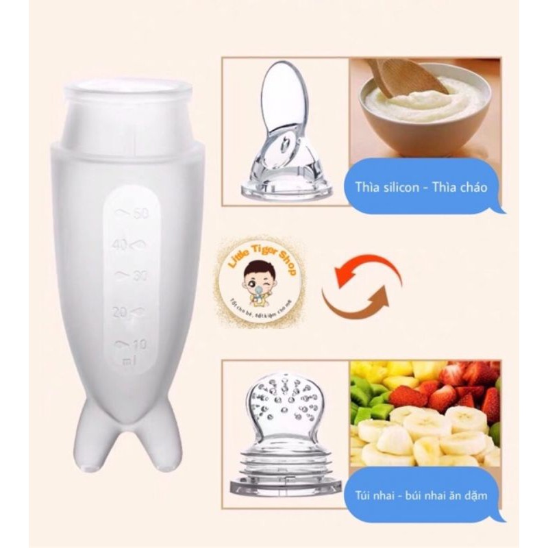 Bình Thìa Ăn Dặm Silicon Tặng Kèm Túi Nhai Hoa Quả / Bình Ăn Dặm Cá Heo Cho Bé