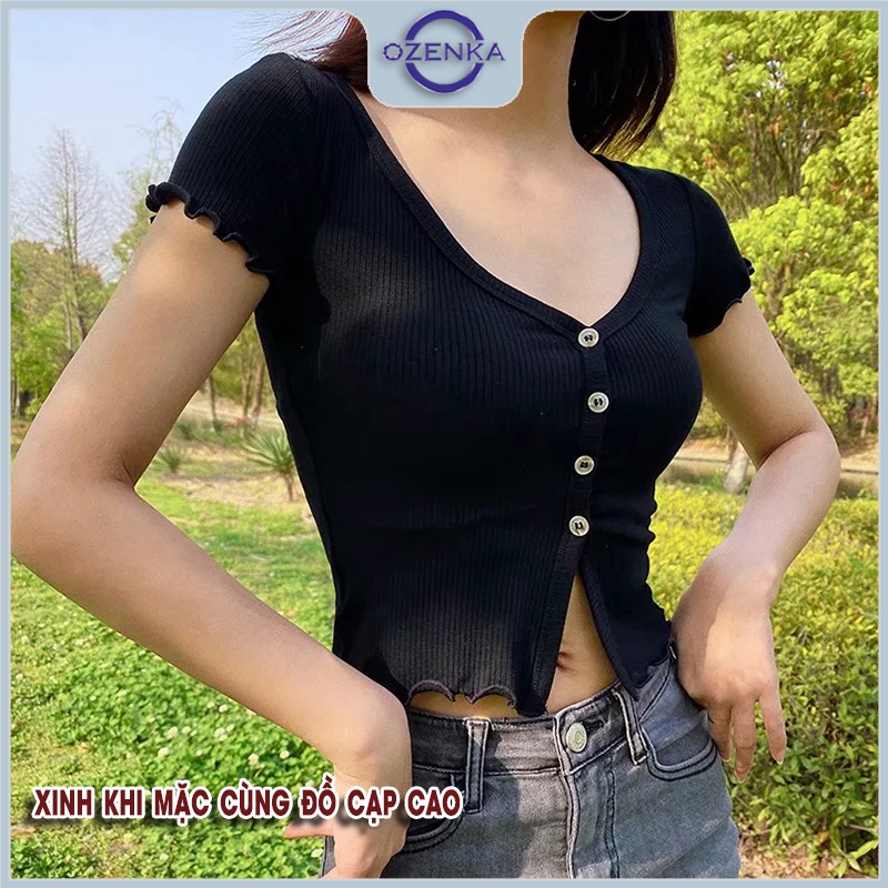 Áo croptop nữ kiểu ôm sexy cổ vuông cài khuy OZENKA , áo crt ngắn tay đẹp thun gân 100% cotton màu đen trắng dưới 55 cân