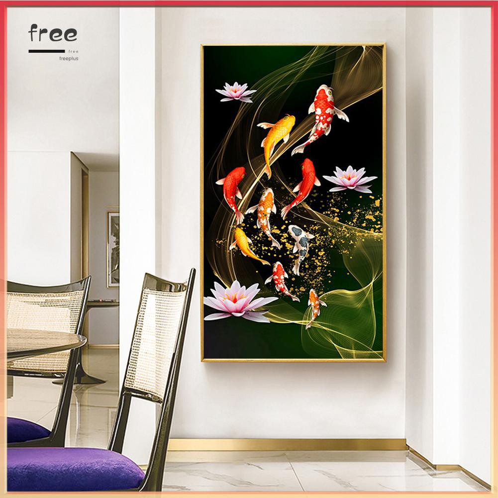Bộ tranh đính đá hình cá koi và hoa sen DIY kích thước 45x85cm