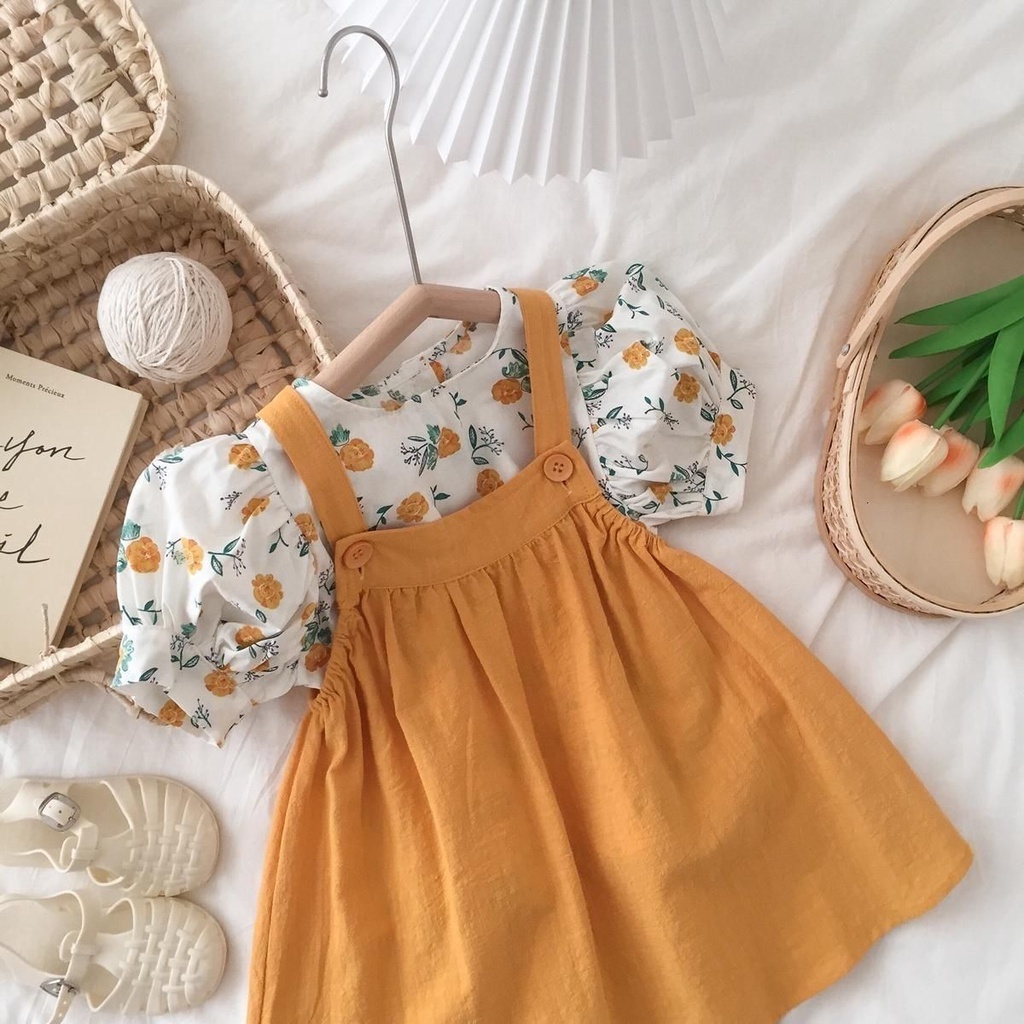 Áo Sơ Mi Tay Ngắn Phồng Họa Tiết Hoa + Đầm Hai Mảnh Thời Trang Mùa Hè Hàng Mới Dành Cho Bạn Nữ