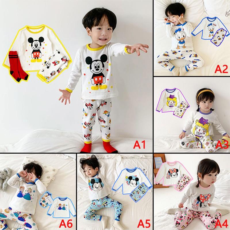 IU Baby Kids Girls Boys Cartoon Mickey Pincess Print Sleepwear Long Sleeve Blouse Casual Long Pants Set