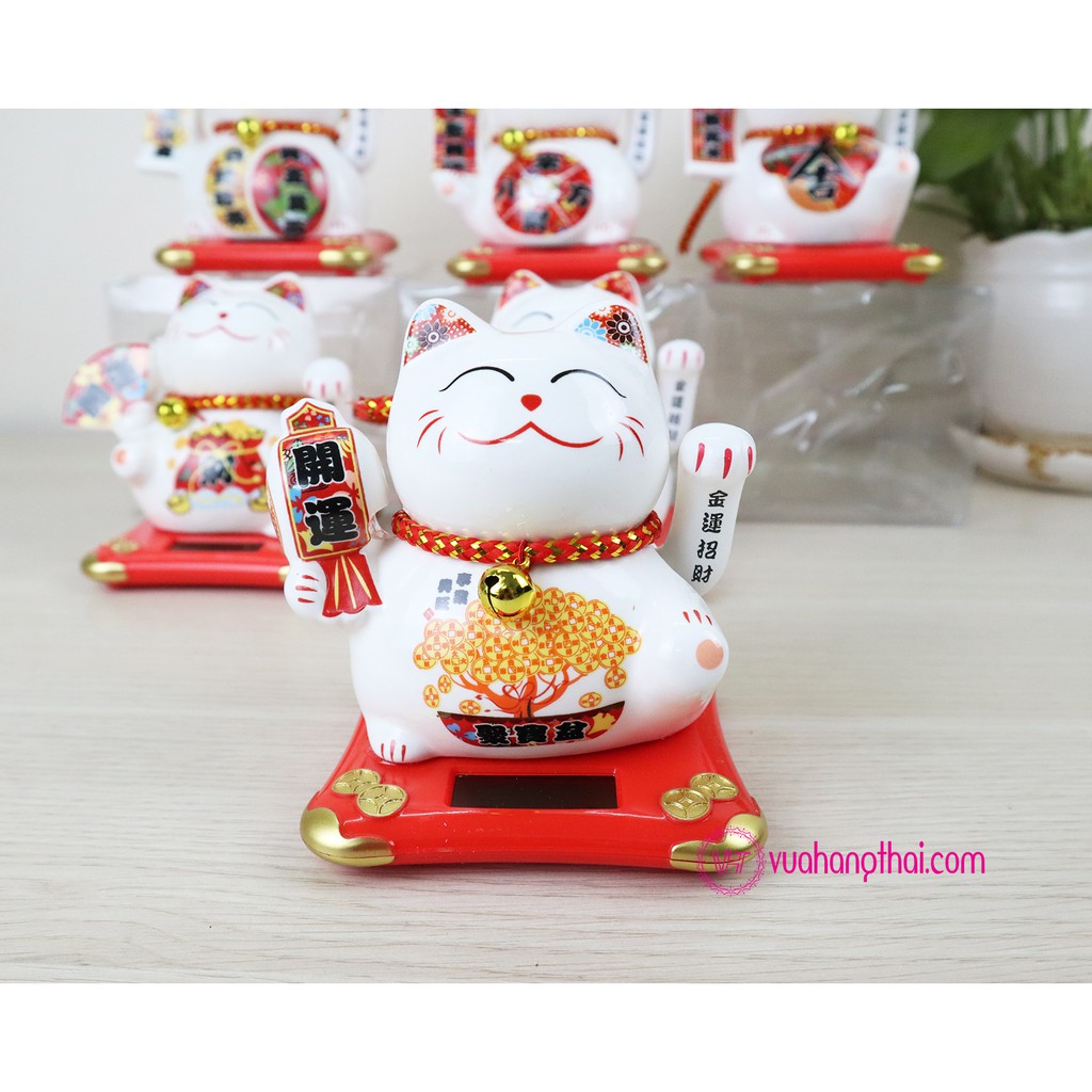 Mèo Thần Tài Vẫy Tay Maneki Neko Dùng Năng Lượng Mặt Trời, Bằng Sứ 11cm - Chiêu Tài Lộc, Kinh Doanh Hồng Phát