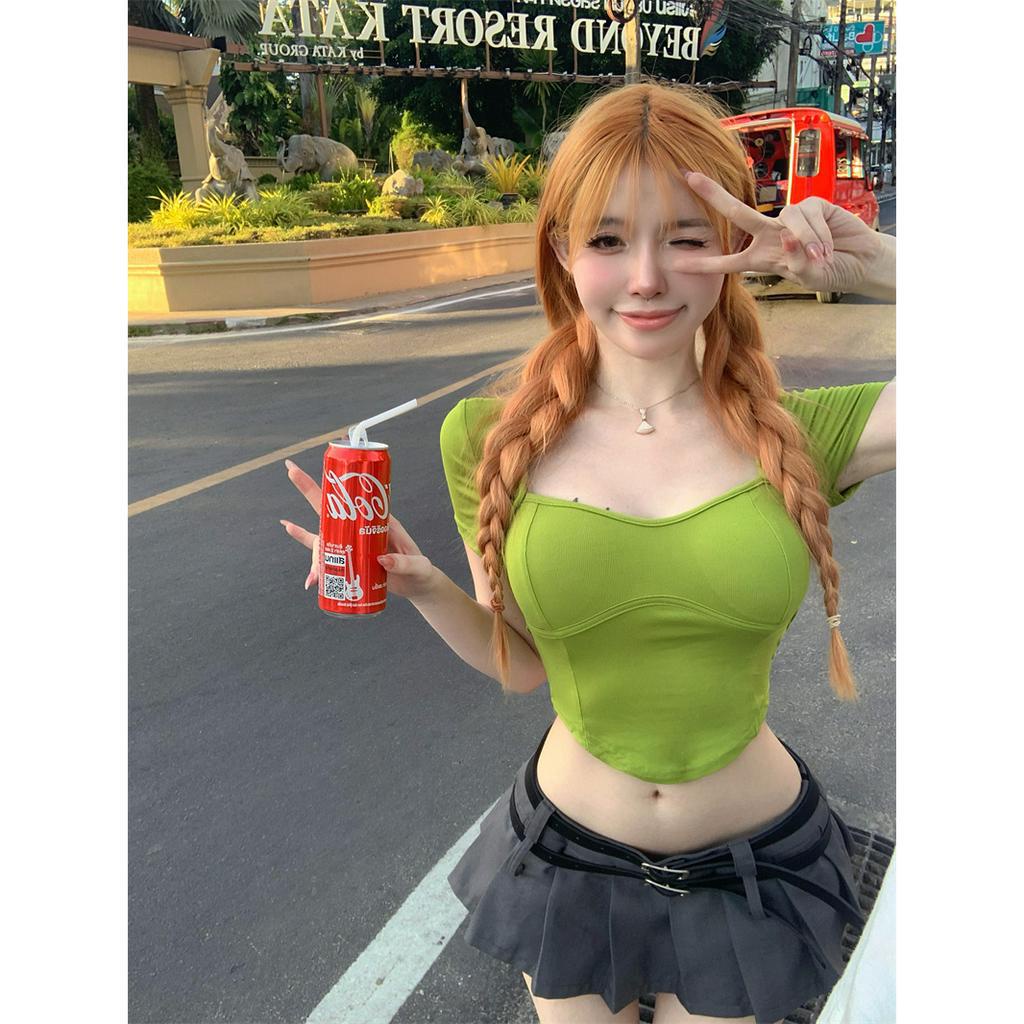 Cocory vn Áo Croptop Tay Ngắn Hở Lưng Y2K Có Đệm Ngực 4 Màu Thời Trang Mùa Hè Quyến Rũ Cho Nữ