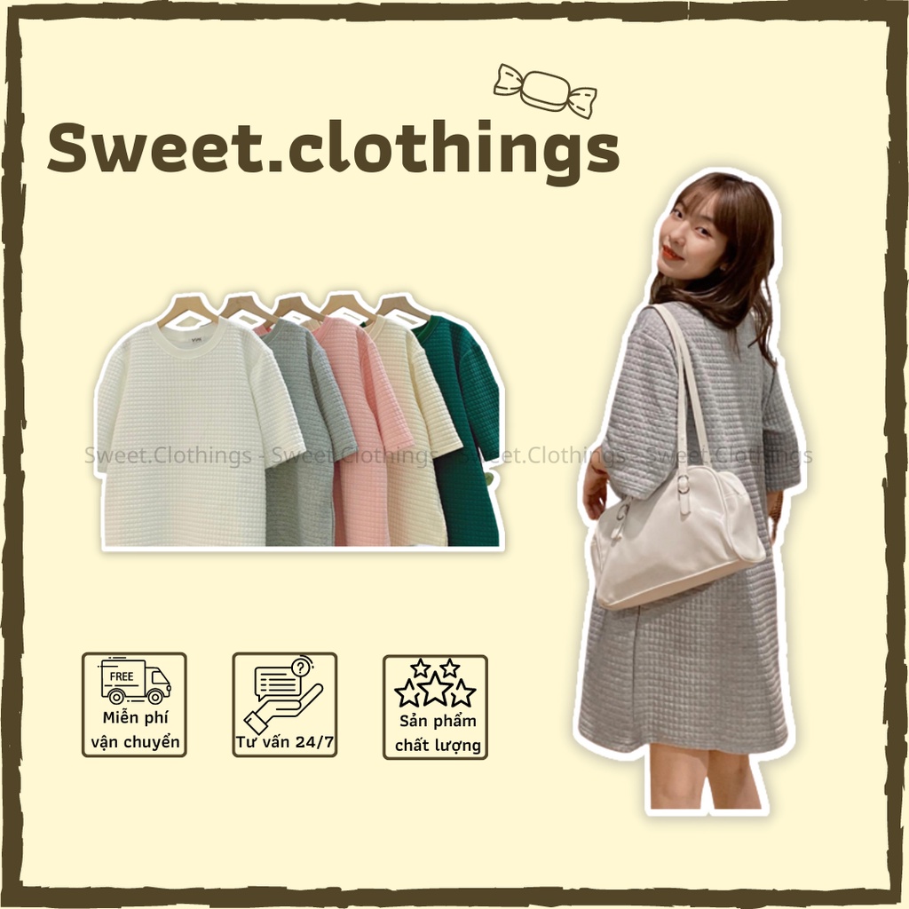 Váy suông trơn cổ tròn dập ô vuông có túi chất mềm hàng Quảng Châu 5 màu SWEET.CLOTHINGS