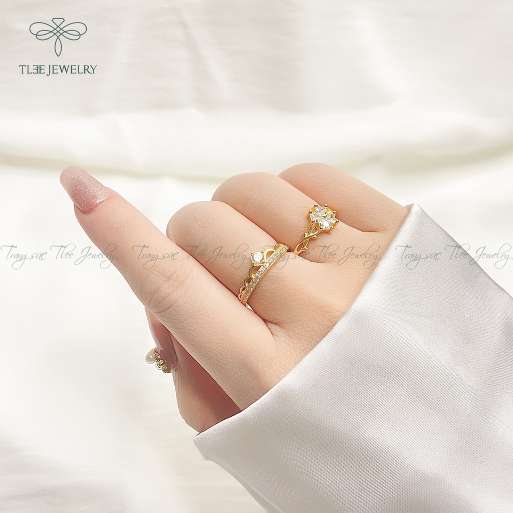 Nhẫn bạc nữ TLEE cỏ bốn lá mạ vàng 14k đính đá cao cấp NCJ A0135