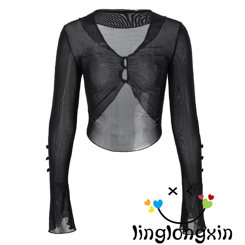 Áo Croptop Tay Dài Phối Lưới 2 Hàng Nút Thời Trang Đường Phố Cho Nữ