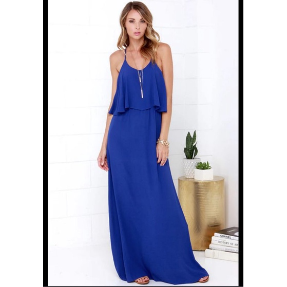 Đầm maxi voan dáng dài VNXK màu xanh coban chất voan cát rũ bèo dây đan lưng sexy dạo biển xuất khẩu dư xịn