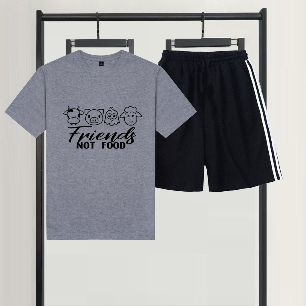 Set Bộ Đồ Nam Nữ Mùa Hè Trẻ Trung Mặc Đi Chơi Đi Học, Áo Phông Ngắn Tay Cotton In FRIENDS NOT FOOD Kèm Quần Đùi 3 Sọc