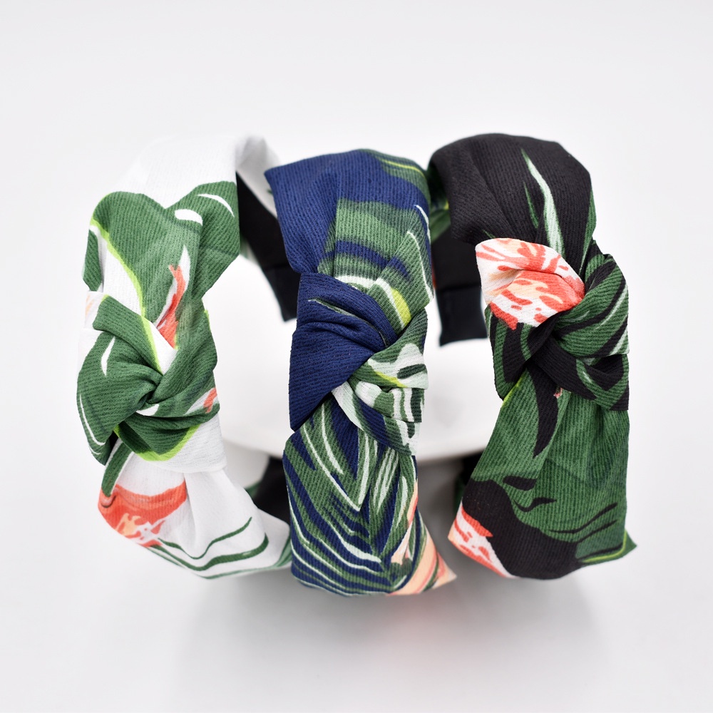 Băng Đô Vải Dạng Nén Thắt Nút Họa Tiết Chim Hồng Hạc Cây Nhiệt Đới Phong Cách Retro Mới Cho Nữ