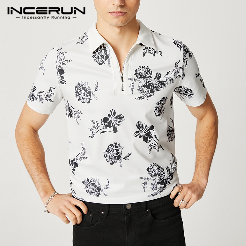 Áo polo INCERUN tay ngắn có khóa kéo in họa tiết thời trang cho nam
