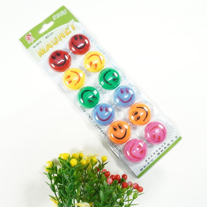 Vỉ 10 Viên Nam châm bảng từ cực hít với 2 size lớn - nhỏ tùy chọn, Nam châm nhựa nhiều màu sắc hình mặt cười may mắn