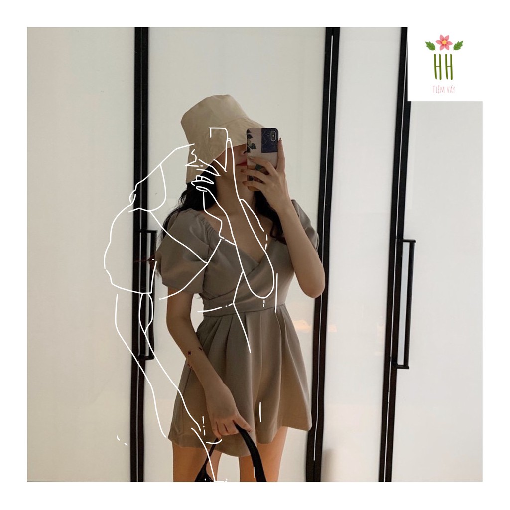 Jumpsuit cổ đắp chéo Xám và Đen