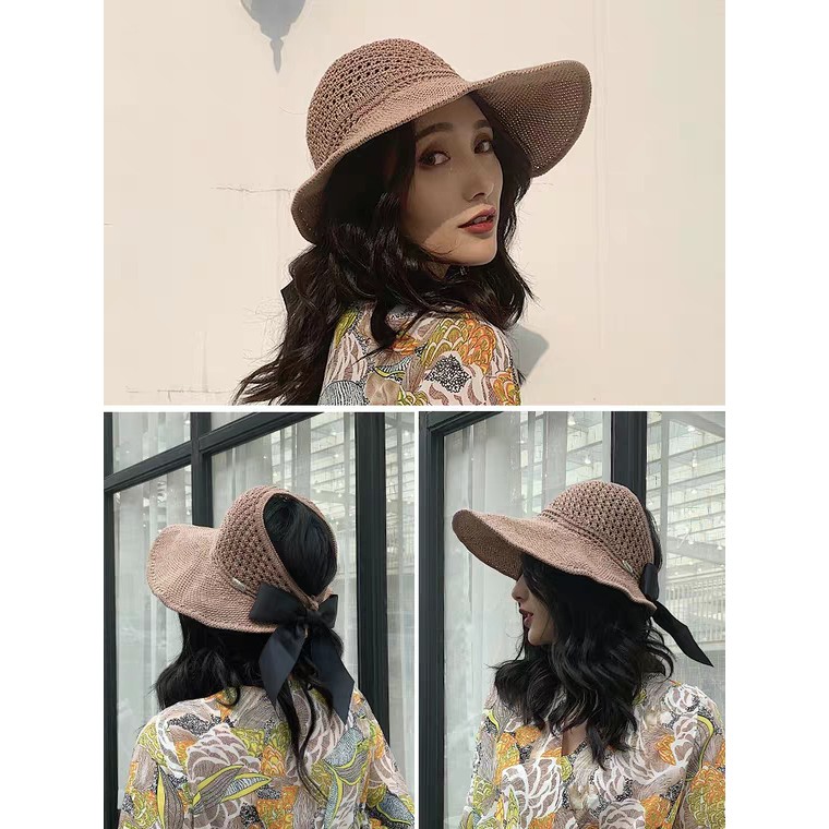 Mũ Cói Rộng Vành Che Nắng Có Thể Cuộn Tròn Xếp Gọn Kiểu Nón Rộng Vành Chất Len Đan Mềm Kèm Dây Quai Đeo Nhiều Màu