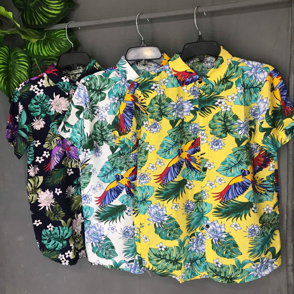 Áo sơ mi Hawaii đi biển họa tiết hoa lá mùa hè chất đũi cao cấp