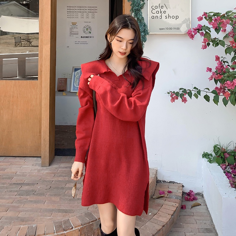 [ORDER] Đầm Len Đỏ Dài Tay - Váy Len Dáng Ngắn Xẻ Tà  Mùa Thu Phong Cách Hàn Quốc VD135 ICC Official Store