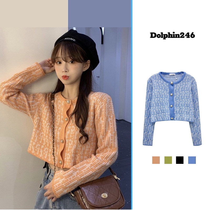 Áo Khoác Len Cardigan Tay Dài Croptop Dáng Rộng Phong Cách Hàn Quốc Cho Nữ F-9