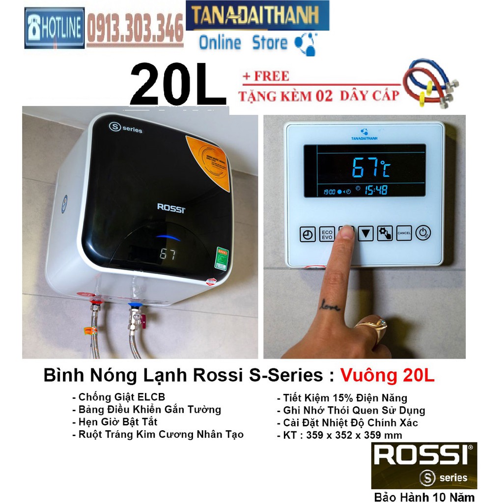 Bình nóng lạnh gián tiếp Rossi S-Series 20 LÍT VUÔNG, chính hãng, bảo hành 10 năm toàn quốc, tân á đại thành online