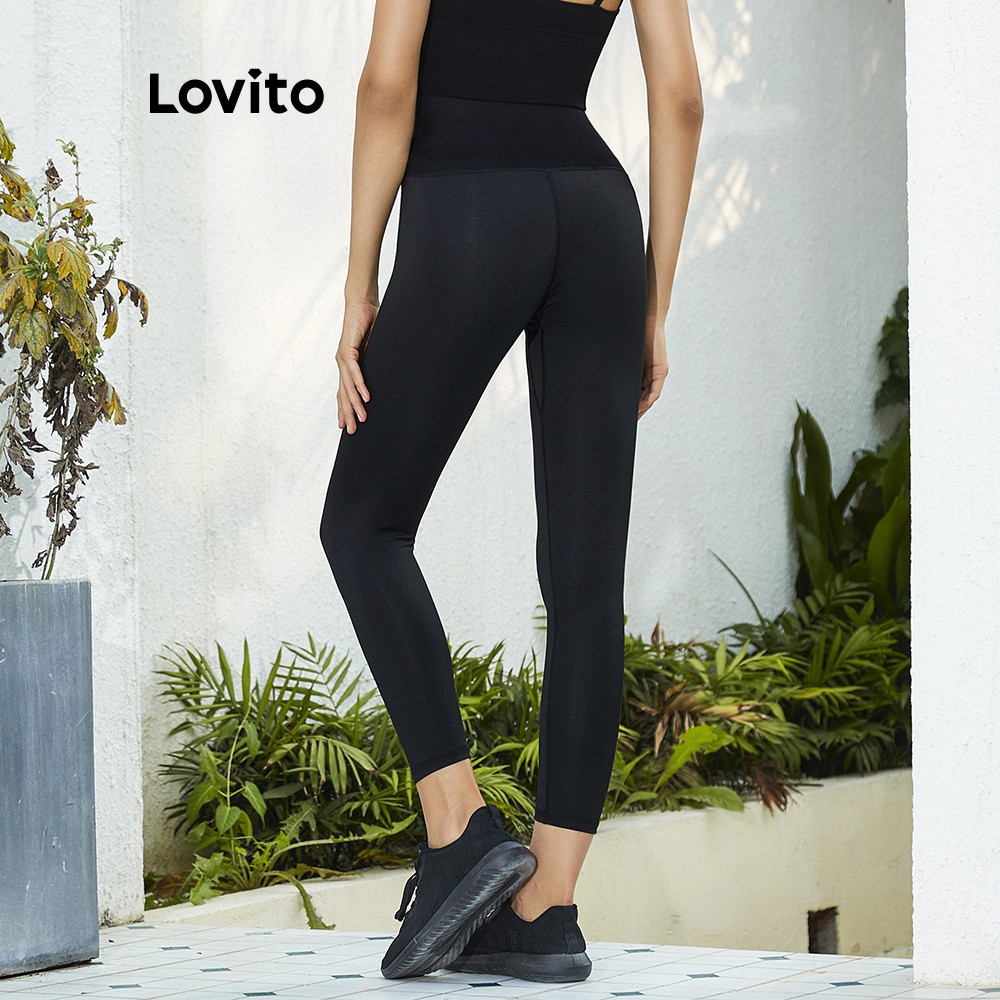 Quần legging tập yoga LOVITO L02107 màu đen trơn lưng cao định hình cơ thể | BigBuy360 - bigbuy360.vn