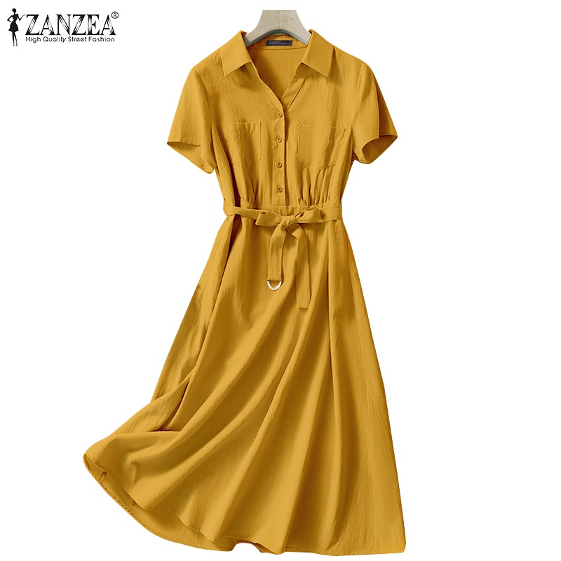 Đầm ZANZEA tay ngắn cổ bẻ thiết kế cài nút thời trang cho nữ