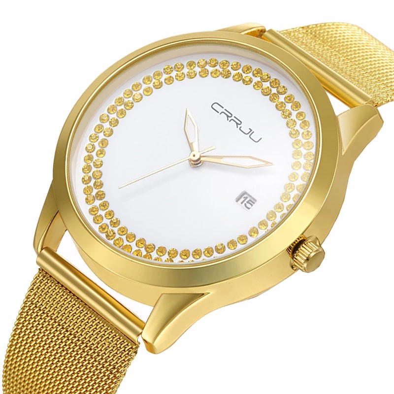 Đồng hồ đeo tay CRRJU 2102 máy thạch anh thiết kế đơn giản thời trang cao cấp sang trọng với dây thép không gỉ cho nữ