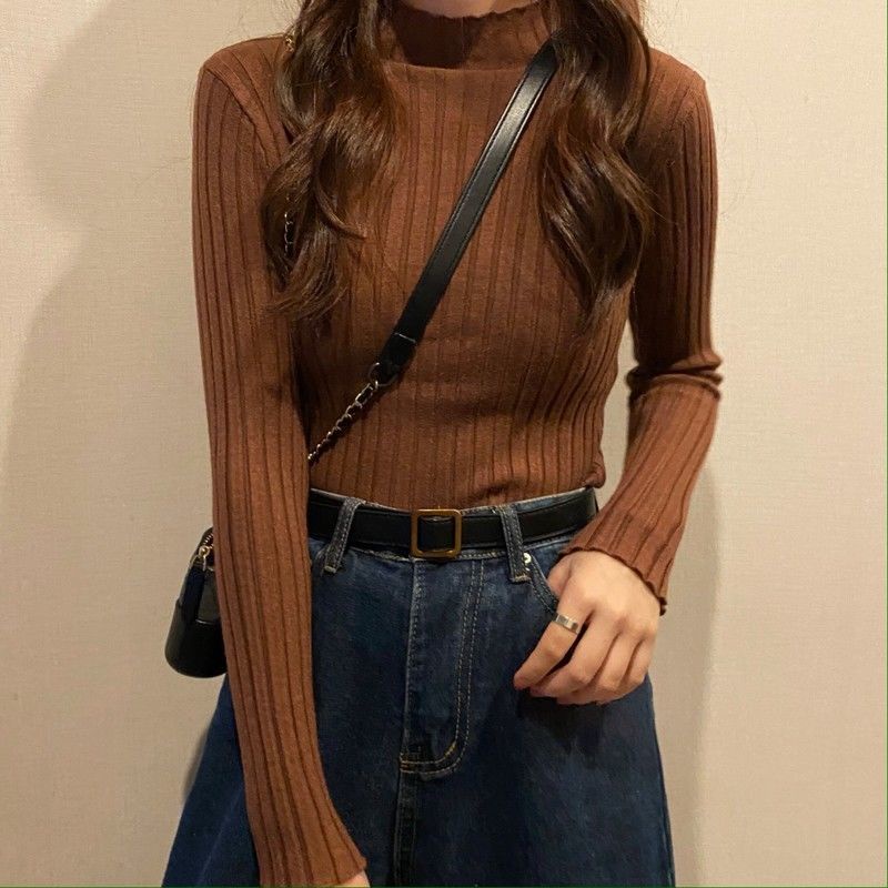 Áo Dệt Kim Cổ Lọ Tay Dài Dáng Ôm Họa Tiết Kẻ Sọc Thời Trang Mùa Đông Cho Nữ