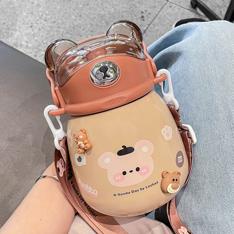 Bình nước giữ nhiệt tai gấu LOOKET dung tích 860ml họa tiết dễ thương mang đi học đi làm, hàng ngày, quà tặng-Ráp