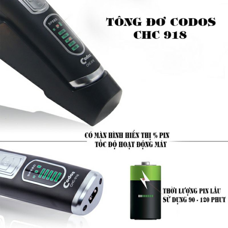 Codos CHC - 918 Tông đơ cắt tóc Hàn Quốc pin lithium 270 phút hiển thị thời gian pin