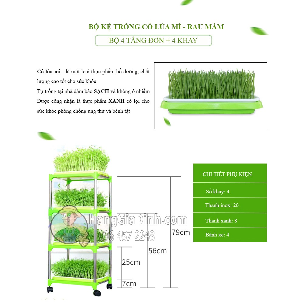 Bộ kệ trồng rau mầm cỏ lúa mì 4 tầng + 4 khay  2 lớp có bánh xe