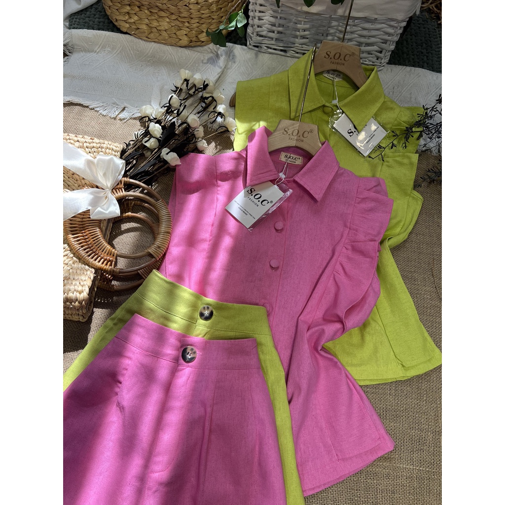 Set Tiểu Thư Cực Xinh Xắn Thiết Kế Áo Sát Nách Vạt Bèo Cổ Sơ Mi Chất Linen Mềm Mịn Thấm Hút Mồ Hôi