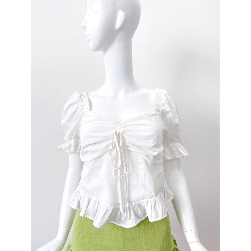 Áo lụa HEYBEE kiểu nhún bèo, tay ngắn phồng màu trắng siêu xinh - OPHELIA TOP HT631