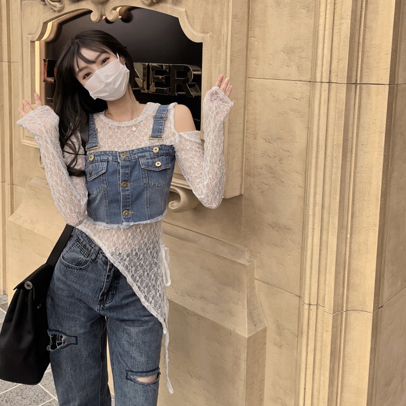 SET ÁO REN DÀI TAY VẠT CHÉO + ÁO DENIM HAI DÂY NỮ CÁ TÍNH ULZZANG AK307