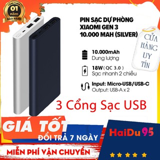[CHÍNH HÃNG]Pin sạc dự phòng Xiaomi 10000mAh Gen 3 Sạc nhanh QC 3.0 (18W)-2 USB+1 Type-C- (Bảo Hành Hãng 6 Tháng- 1 Năm)