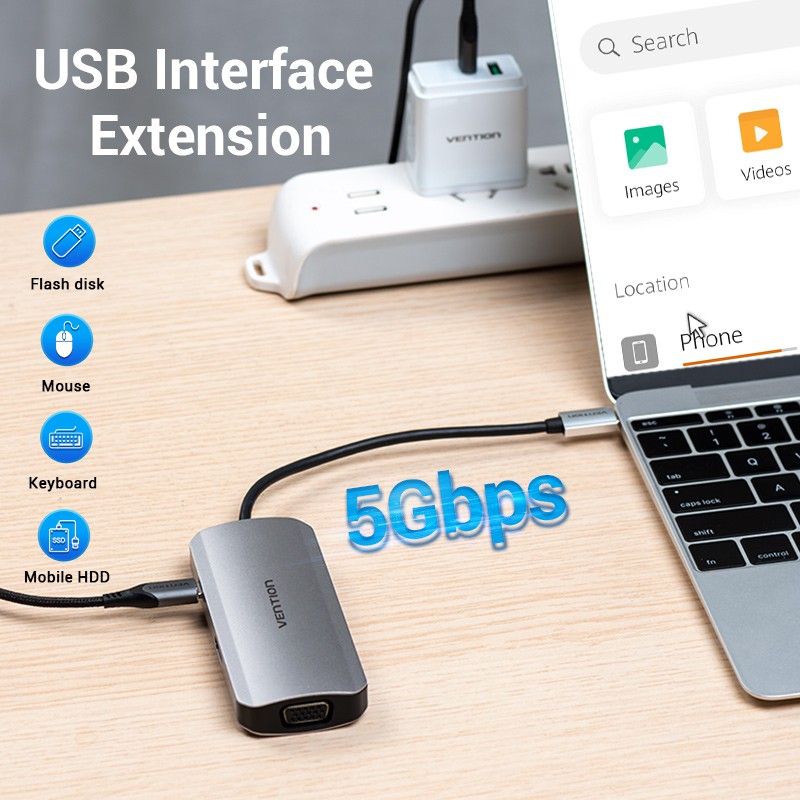 Hub USB Vention chuyển đổi cổng Type C sang HDMI/USB 3.0/VGA/PD 6 trong 1 cho Laptop/máy tính