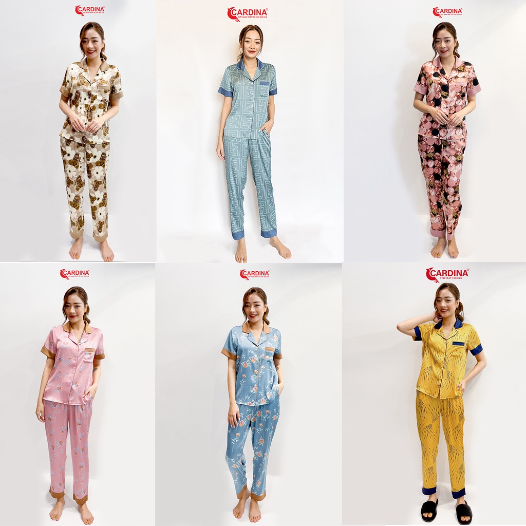 Đồ Bộ Nữ 𝐂𝐀𝐑𝐃𝐈𝐍𝐀 Pijama Chất Lụa Satin Nhật Cao Cấp Áo Cộc Tay Quần Dài Họa Tiết Trẻ Trung 1Pi16